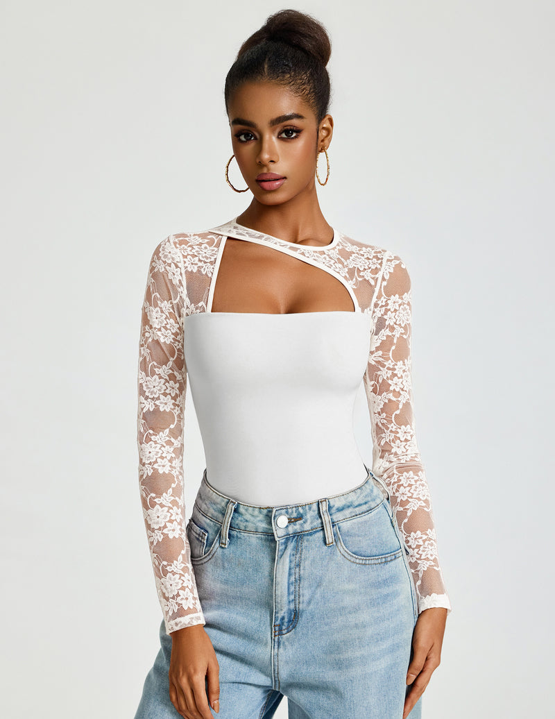 White lace long-sleeve bodysuit with asymmetric chest cut-out and thong back