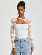 White lace long-sleeve bodysuit with asymmetric chest cut-out and thong back