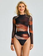 Black sheer mesh long-sleeve bodysuit, crew neck, double-lined, rust print