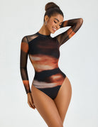 Black sheer mesh long-sleeve bodysuit, crew neck, double-lined, rust print