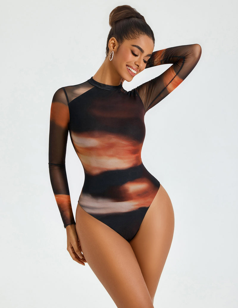 Black sheer mesh long-sleeve bodysuit, crew neck, double-lined, rust print