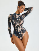 Dark sheer mesh long-sleeve bodysuit, crew neck, double-lined, navy abstract print