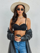 Black floral lace balconette bra with underwire cups, thin straps, lace trim