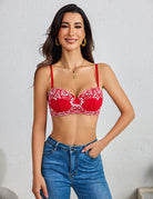 Red floral lace balconette bra with underwire cups and scalloped lace trim
