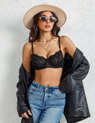 Black floral lace underwire balconette bra with plunge cups and thin straps
