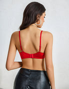 Red floral lace underwire bra back view with adjustable straps and underwire cups