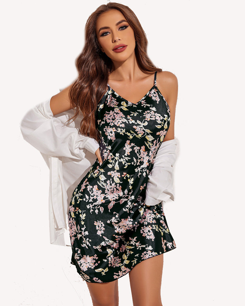 Black floral satin chemise slip nightgown with adjustable straps. Comfortable and sexy sleepwear.