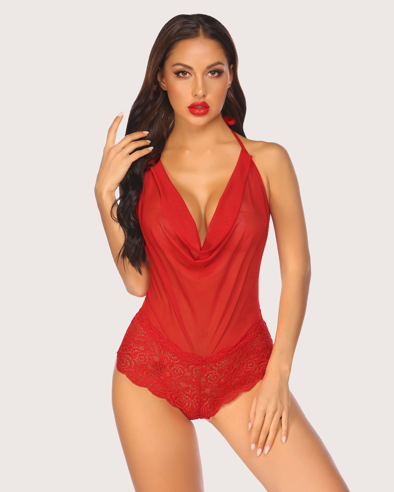 Red sheer lace halter V-neck bodysuit with backless design and lace details, Avidlove lingerie