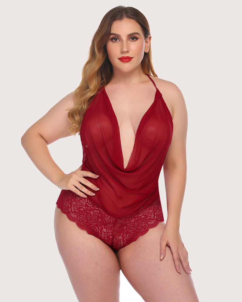 Red lace halter bodysuit with plunging neckline and floral lace. Sleeveless lingerie for women.