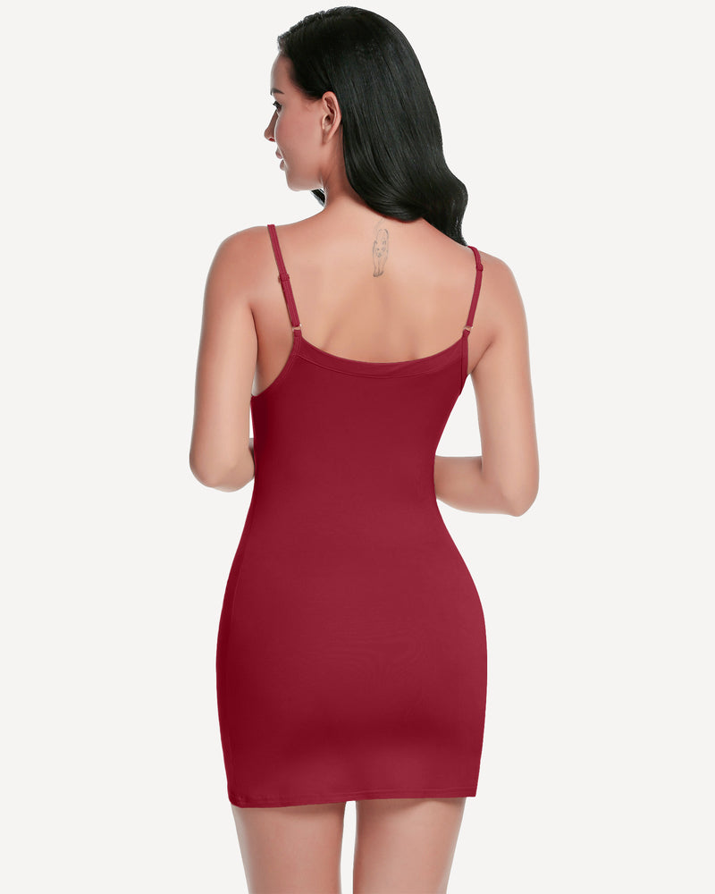 Burgundy mini slip dress shapewear with spaghetti straps and V-neck, sexy and flattering lingerie