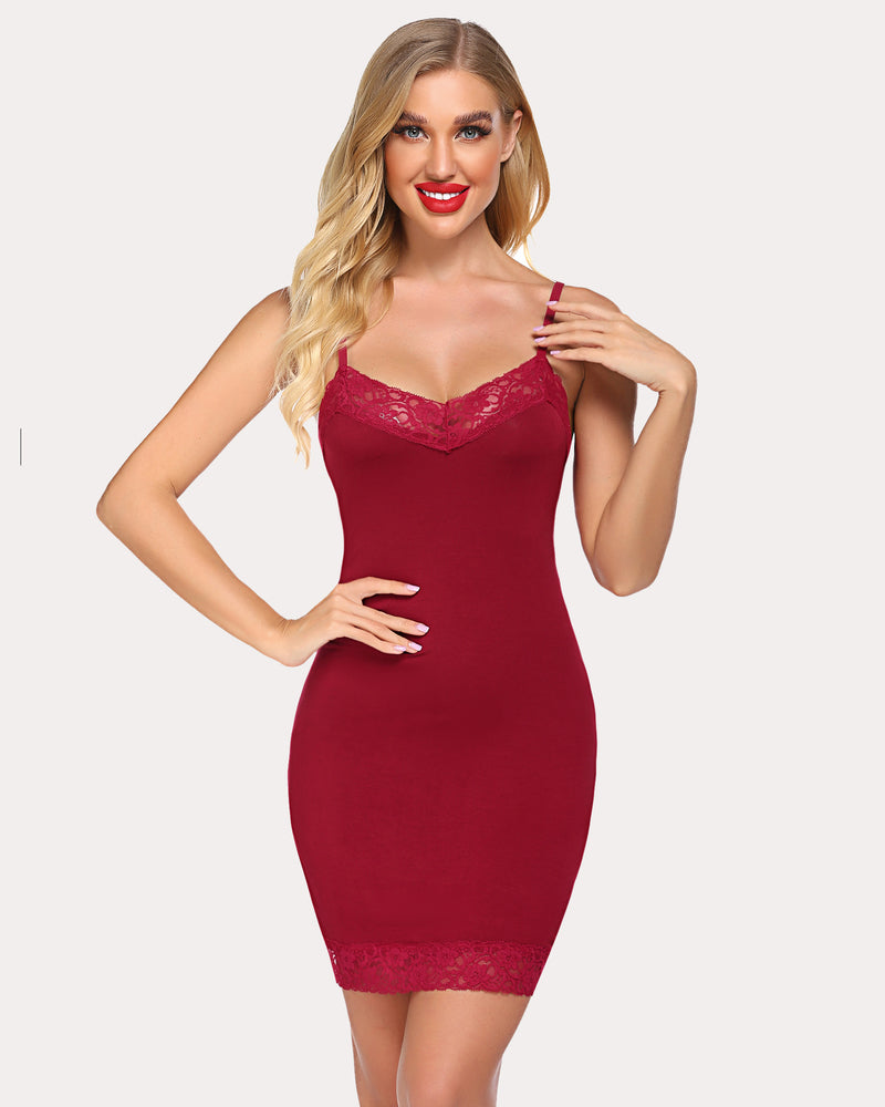 Burgundy lace chemise slip dress with adjustable straps, perfect as sleepwear or under dresses.