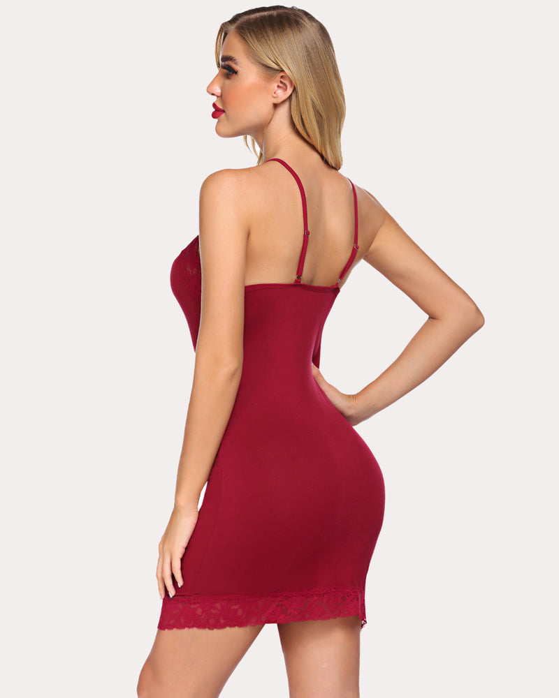 Burgundy full slip chemise dress with lace trim, perfect as sleepwear or underdress
