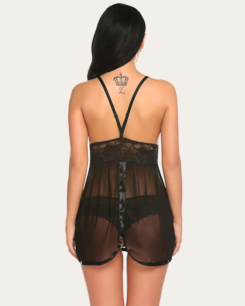 Black mesh V-neck babydoll lingerie with lace and adjustable straps for women.