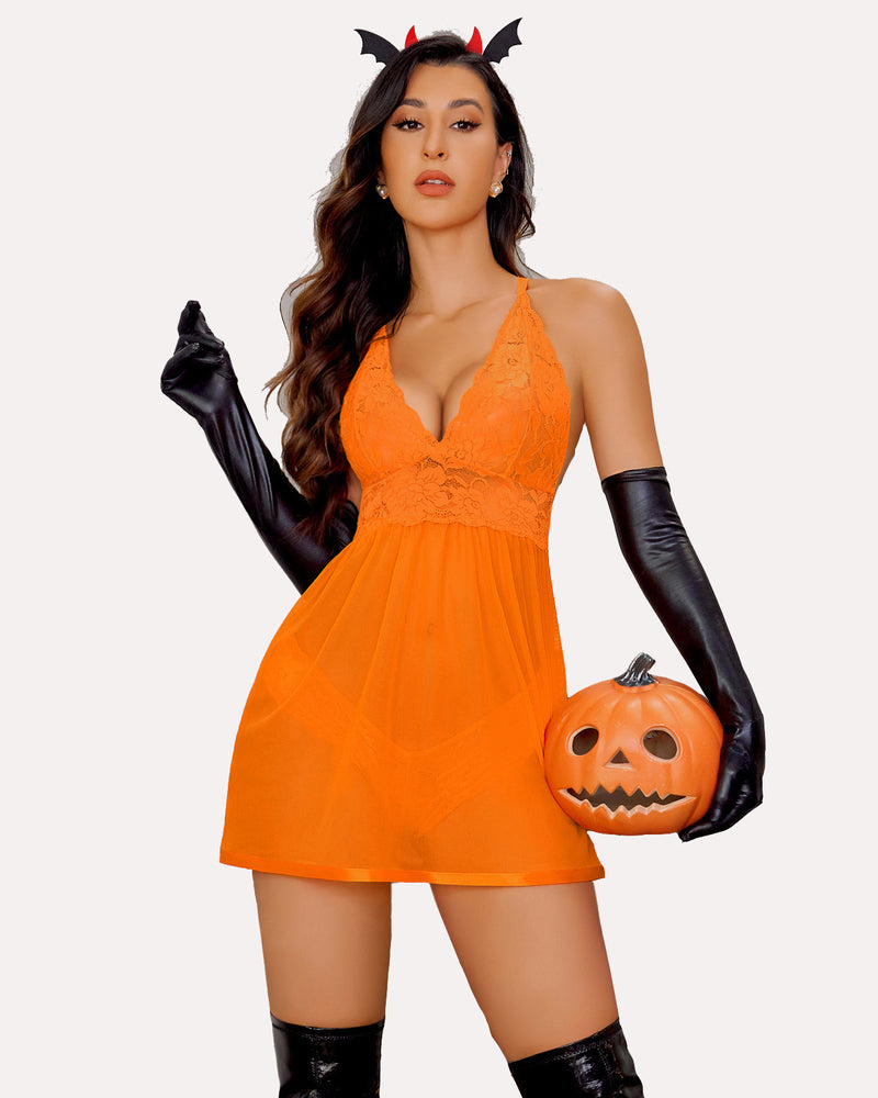 Halloween-themed orange lace V-neck babydoll lingerie with black accessories and pumpkin for women.
