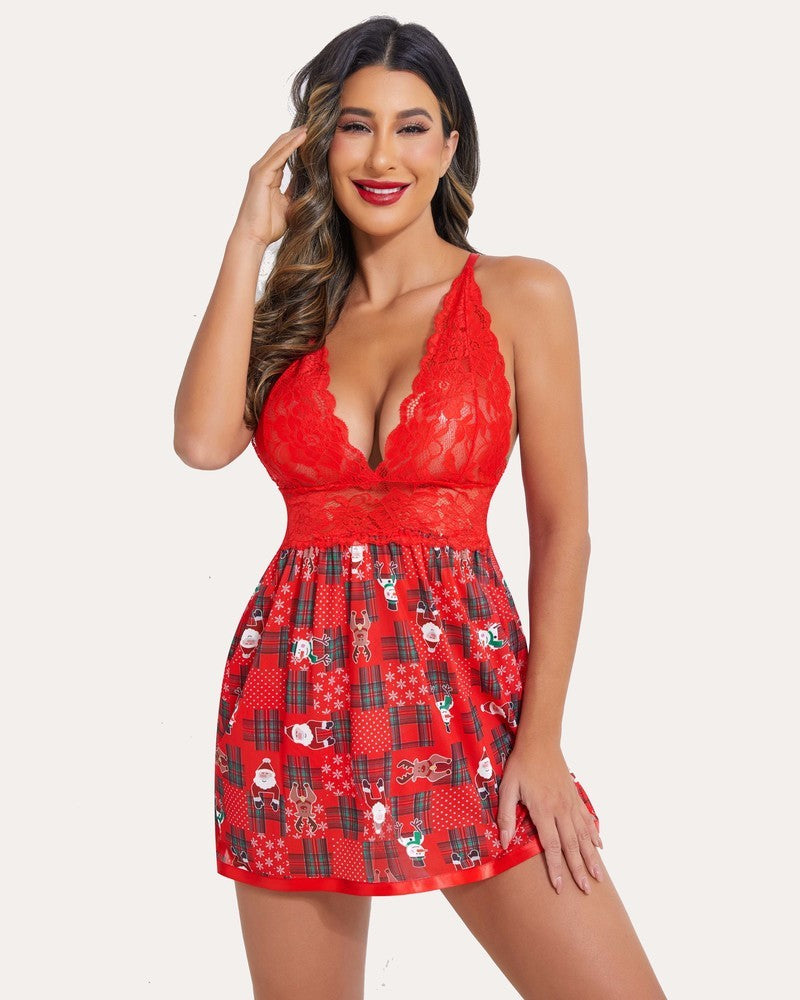 Red Christmas lace babydoll lingerie with lace cups and holiday print on a model.