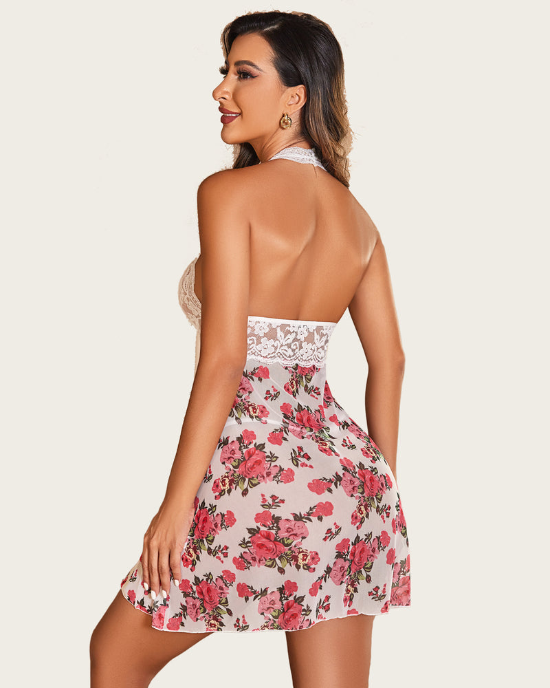 Pink floral halter babydoll nightgown with lace, mesh, and floral print, sexy lingerie