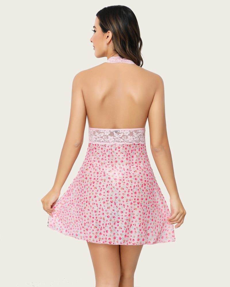 Pink halter lace babydoll nightgown with floral print, sexy lingerie for women
