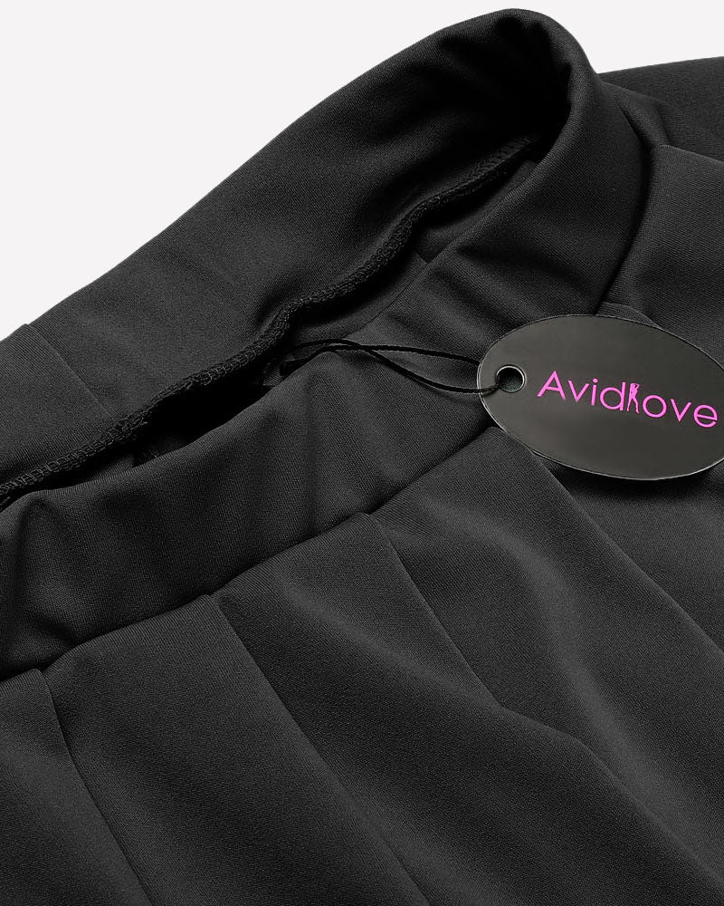 Black pleated mini skirt with Avidlove tag, schoolgirl cosplay style, elastic waist, sexy design