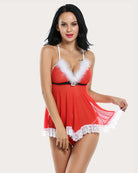 Sheer red Santa babydoll lingerie with lace trim, ideal for holiday celebrations.