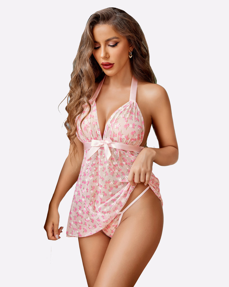 Pink sheer floral halter babydoll lingerie set with bow. Romantic and lightweight nightwear.