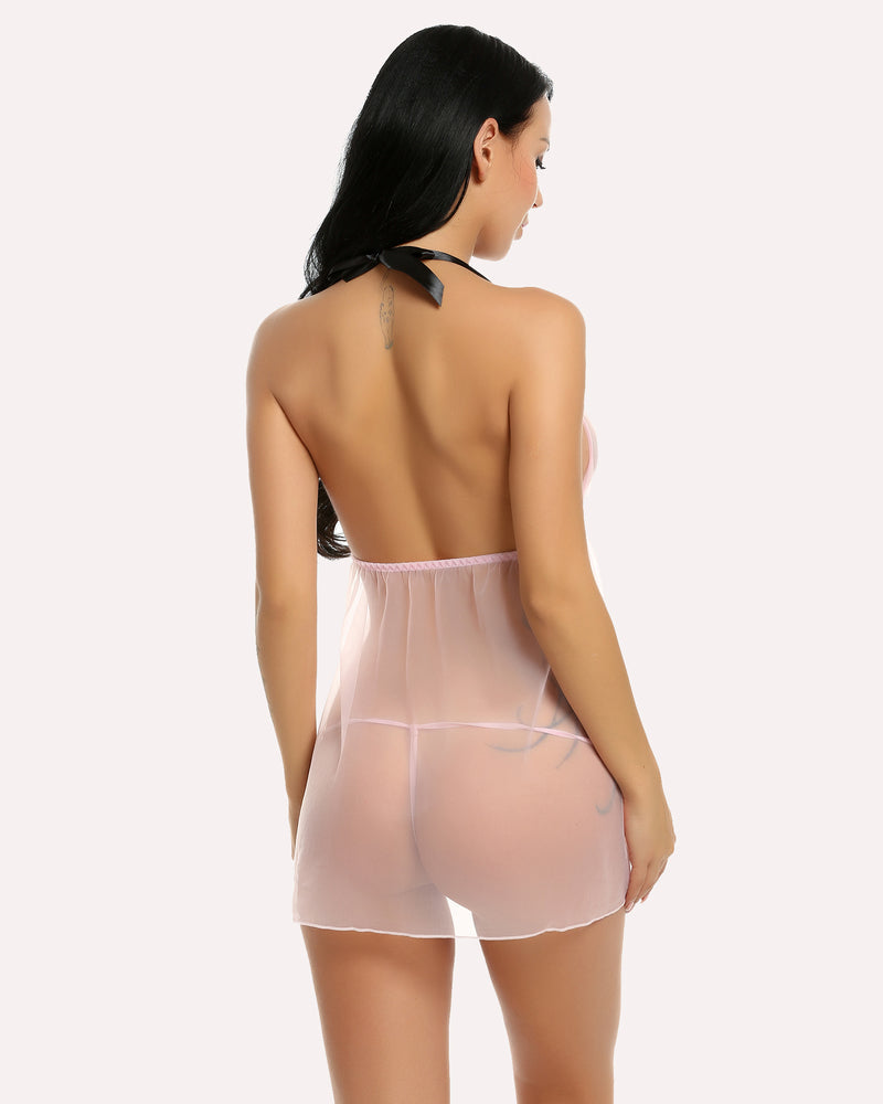 Pink sheer halter babydoll lingerie set, low back and g-string. Comfortable and sensual