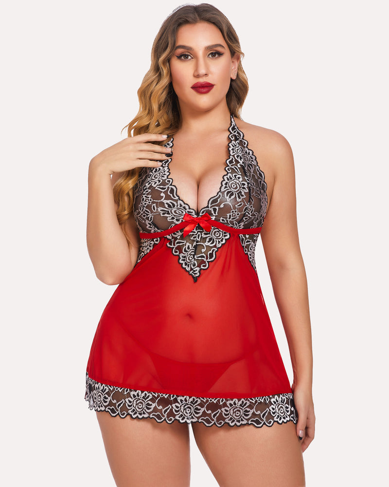 Red mesh babydoll nightwear with halter neckline, floral lace, and bow detail. Avidlove lingerie.