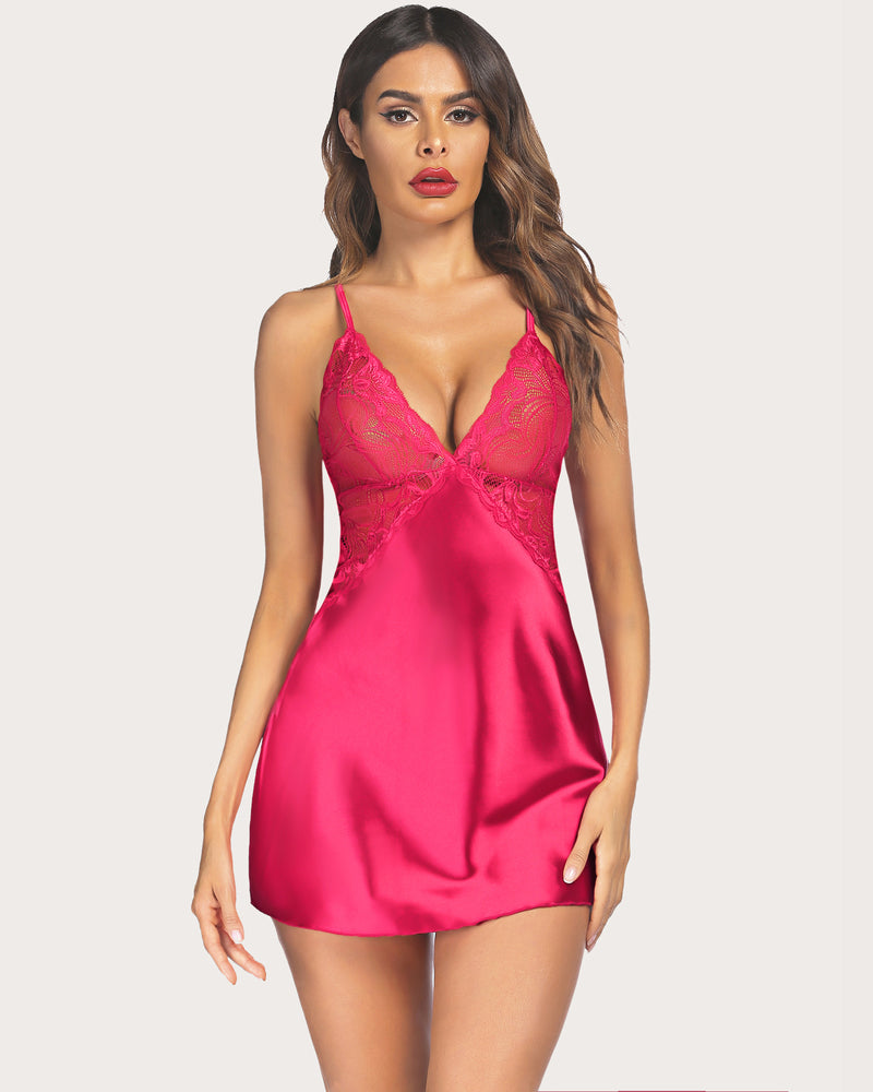 Fuchsia satin nightdress with lace cups and adjustable straps, feminine lingerie for confidence.
