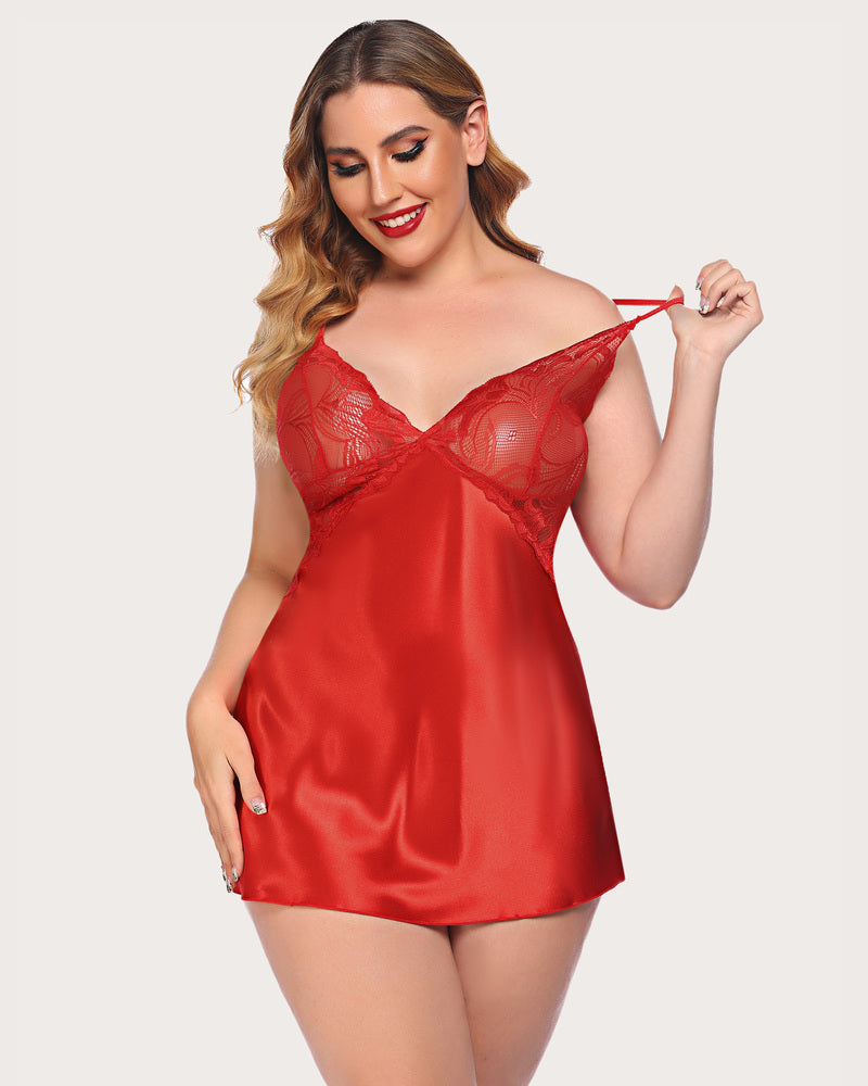 Red satin nightdress with lace V-neck and adjustable straps. Plus-size sexy lingerie.