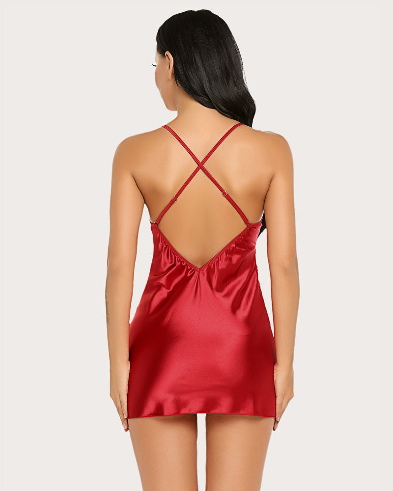 Plus Size Red Satin Sleepwear with Lace Cups, Back View, Adjustable Straps, V-Neck design