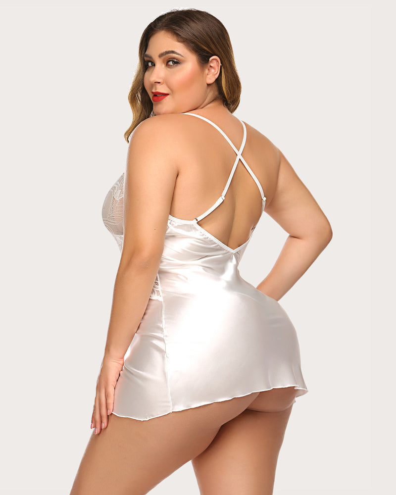 Plus-size model in white satin V-neck nightwear with lace cups and adjustable straps.