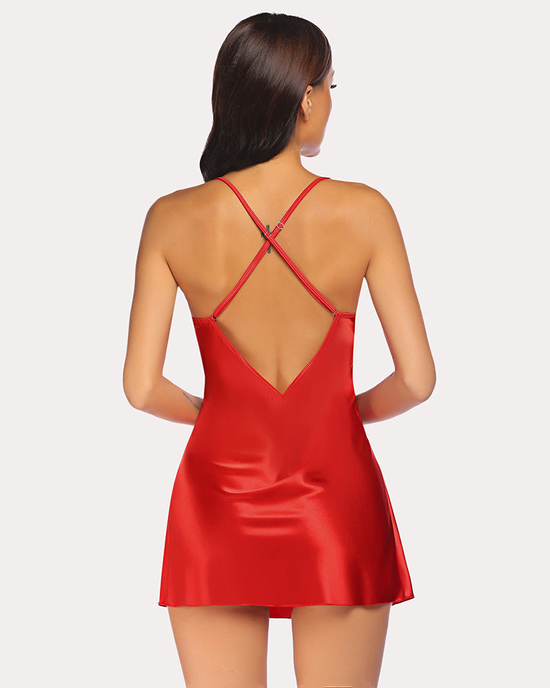 Red satin V-neck nightwear with delicate strap detailing, designed for sensual lines and confidence.