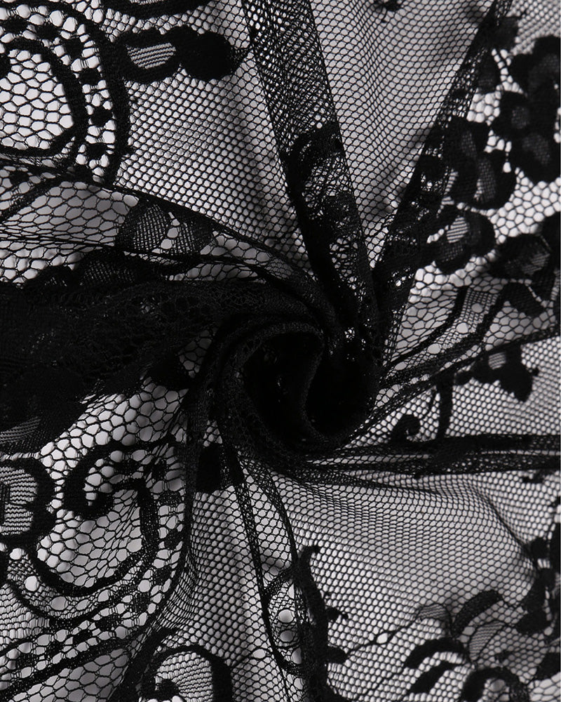 Black lace detail on open-front negligee, featuring intricate floral design and delicate netting.