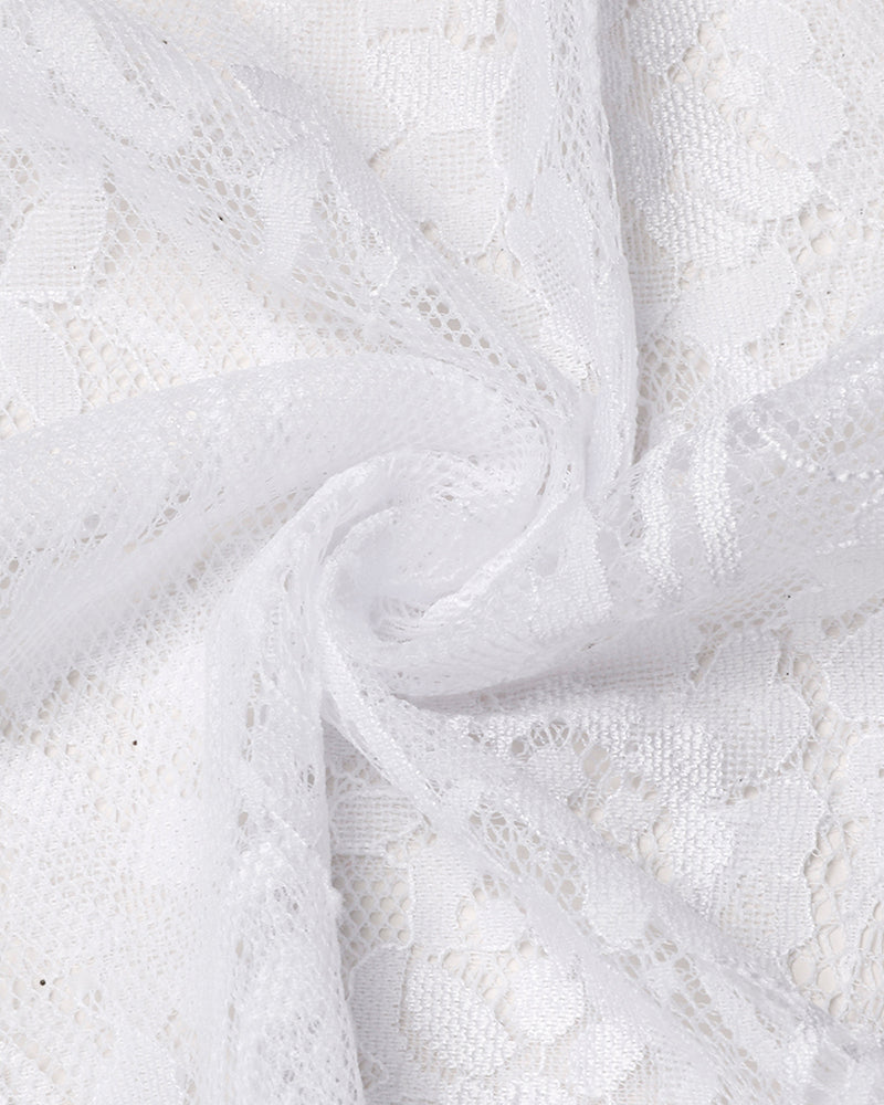 White floral lace fabric detail for V-neck open front negligee, lingerie material
