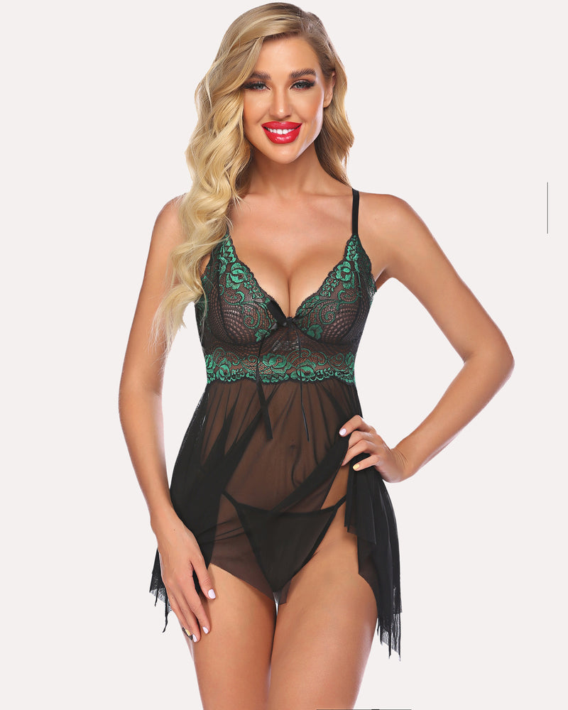 Black lace babydoll nightgown with green lace, sheer mesh, for confident wear, lingerie