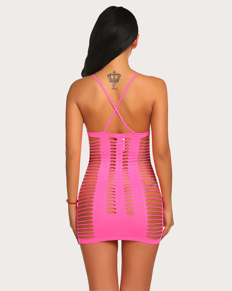Pink cut-out fishnet chemise dress, sexy lingerie for nightwear or clubwear, strappy back design.