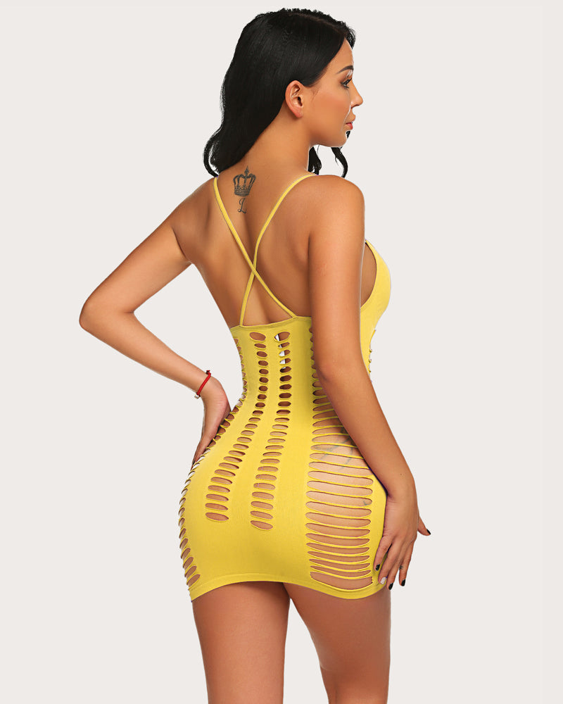 Yellow cut-out fishnet chemise dress, sexy lingerie for women, Avidlove nightwear or clubwear.