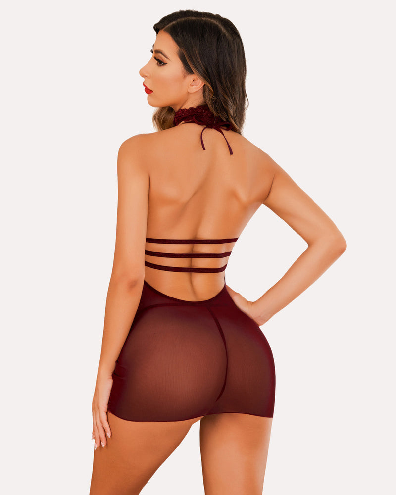Burgundy mesh halter chemise dress with floral lace choker. Sexy lingerie.
