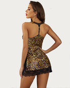 leopard print satin lace chemise full slips sleepwear dress