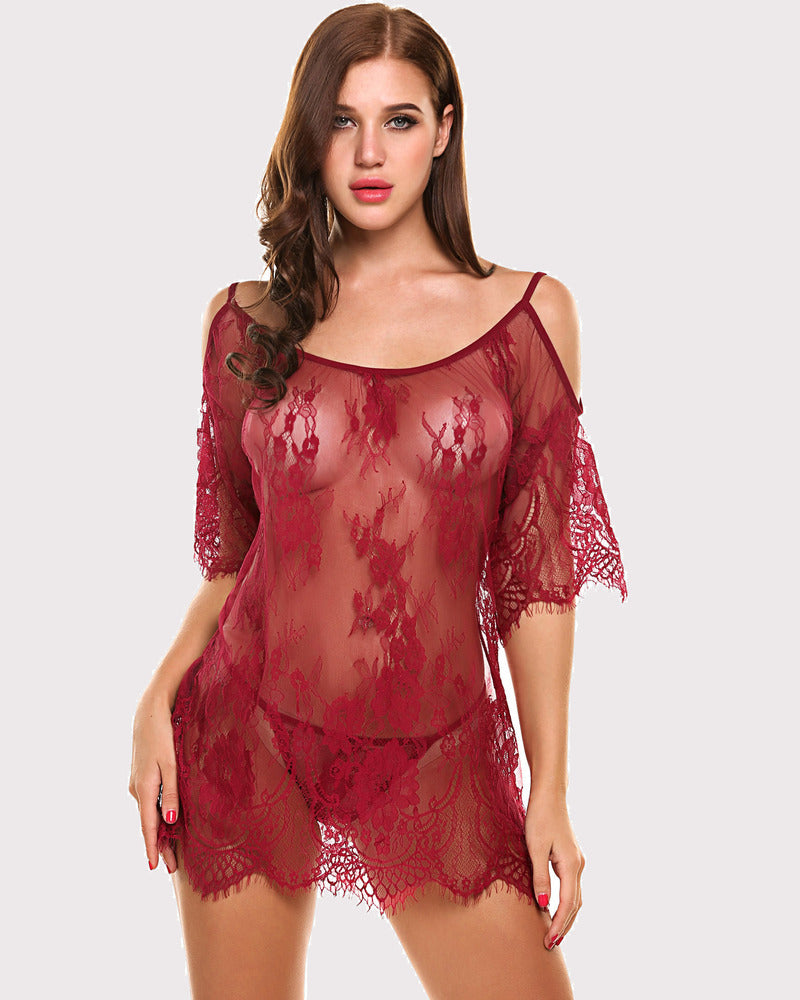 Burgundy lace mini babydoll lingerie set with off-shoulder design and eyelash lace detail