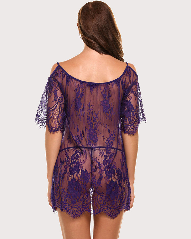 Purple lace mini babydoll lingerie, off-shoulder, eyelash lace details, G-string. Sexy lingerie set.
