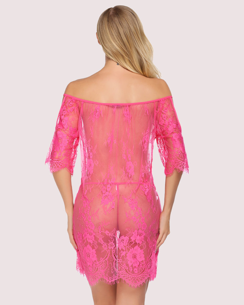 Pink off-shoulder lace mini babydoll lingerie set with floral lace details. Sexy and comfy lingerie.