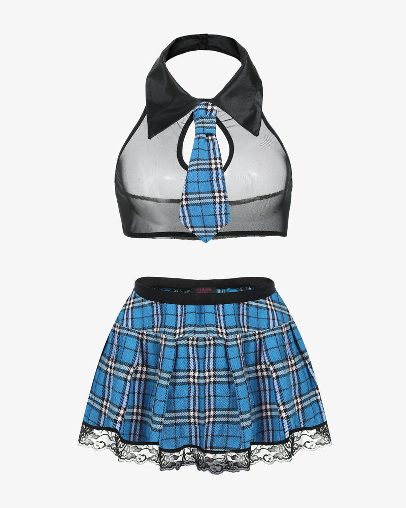 Sexy school girl costume: blue plaid skirt, black halter top with tie, lace trim lingerie set