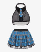 Sexy school girl lingerie set with blue plaid skirt, halter top, and lace trim