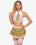 Sexy school girl lingerie set with yellow plaid skirt, halter top, and lace trim; Avidlove