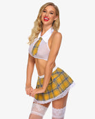 Sexy school girl costume in yellow plaid skirt and halter top lingerie set