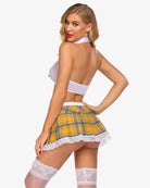 Yellow plaid school girl lingerie set: halter top, plaid skirt with lace trim, and thigh-highs
