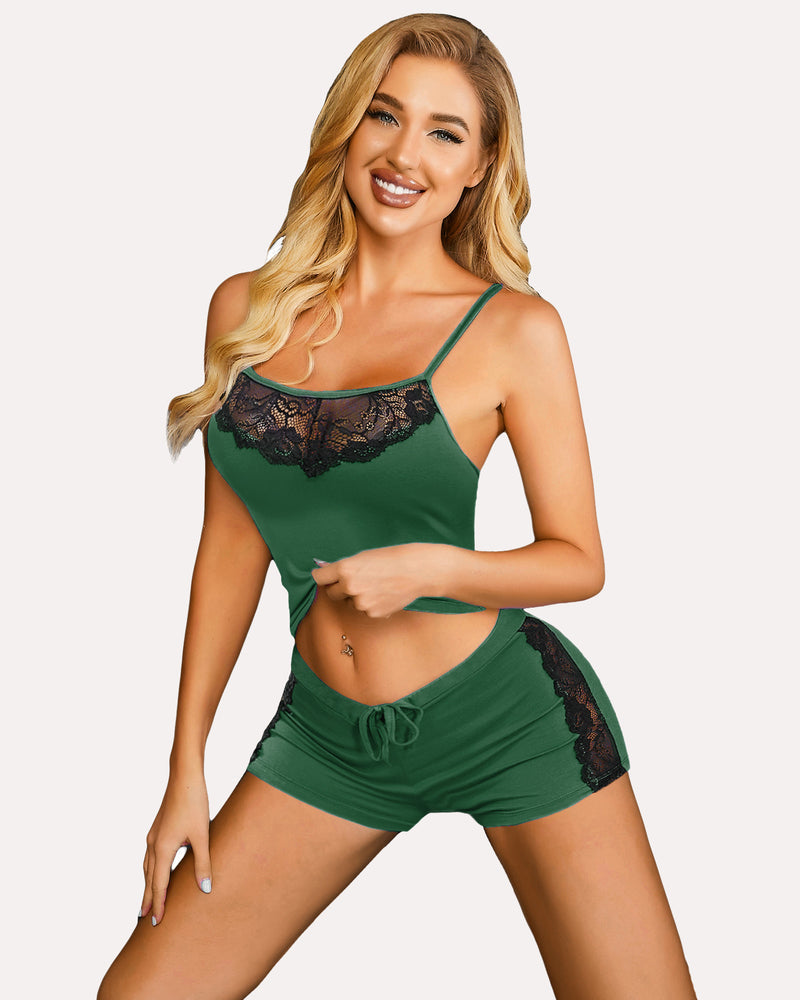 Green Avidlove pajama set with black lace trim; sexy lingerie for women