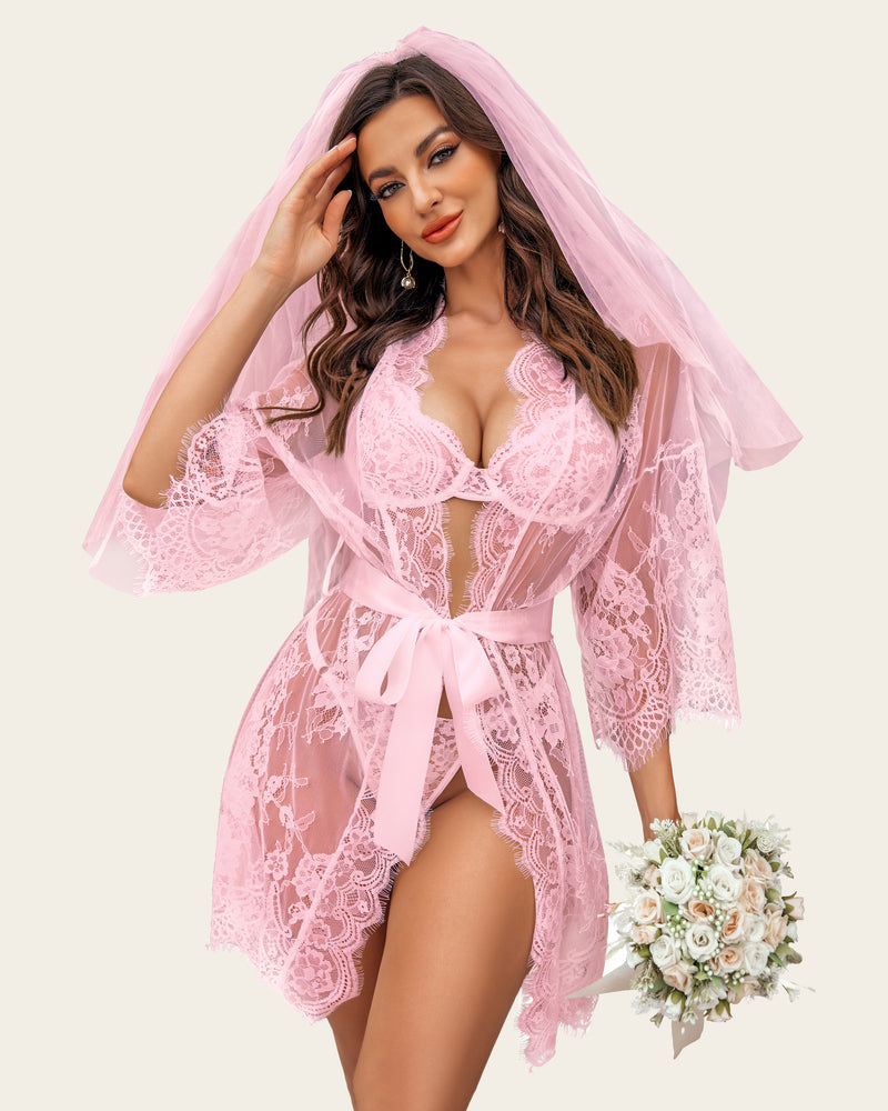 Pink lace bridal lingerie set with kimono robe, veil and bouquet. Elegant Avidlove design for brides