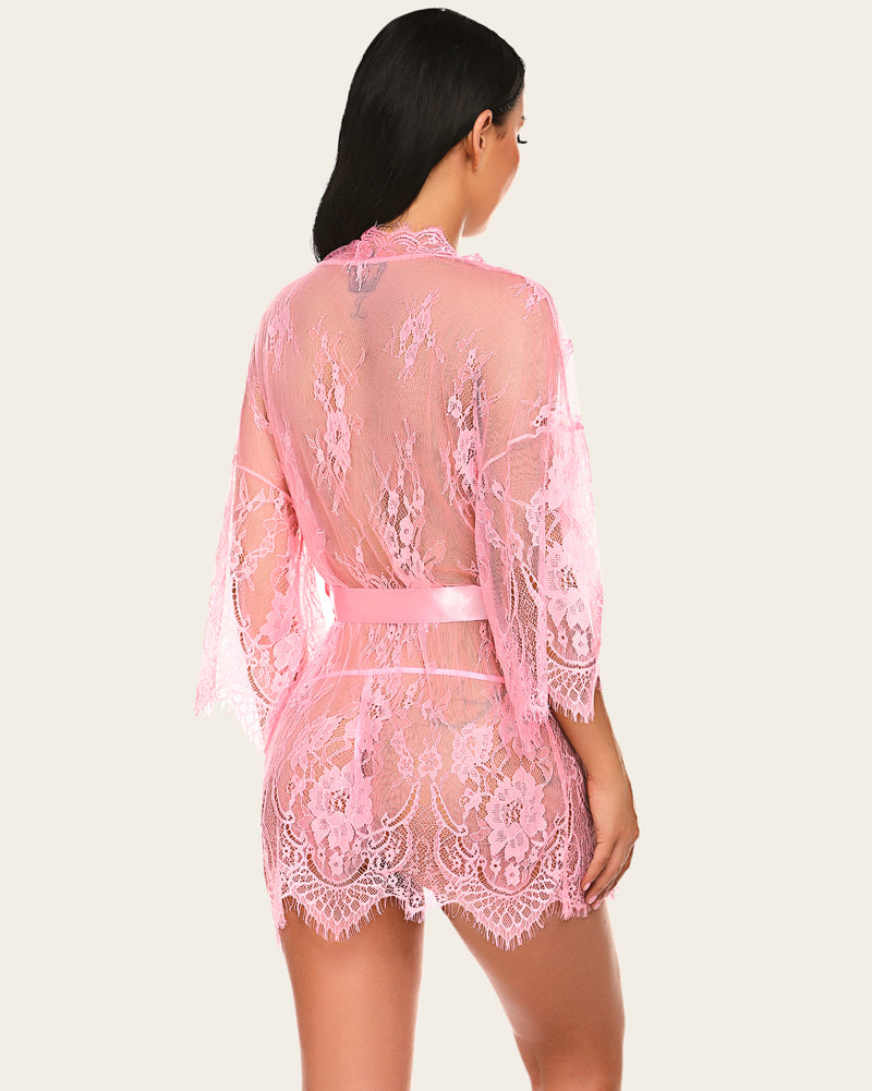 Pink lace kimono robe with butterfly sleeves and satin belt. Sheer, elegant lingerie from Avidlove.