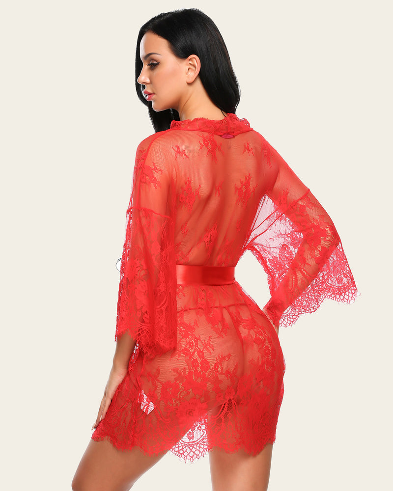 Red lace kimono robe with butterfly sleeves, satin belt, elegant lingerie for women